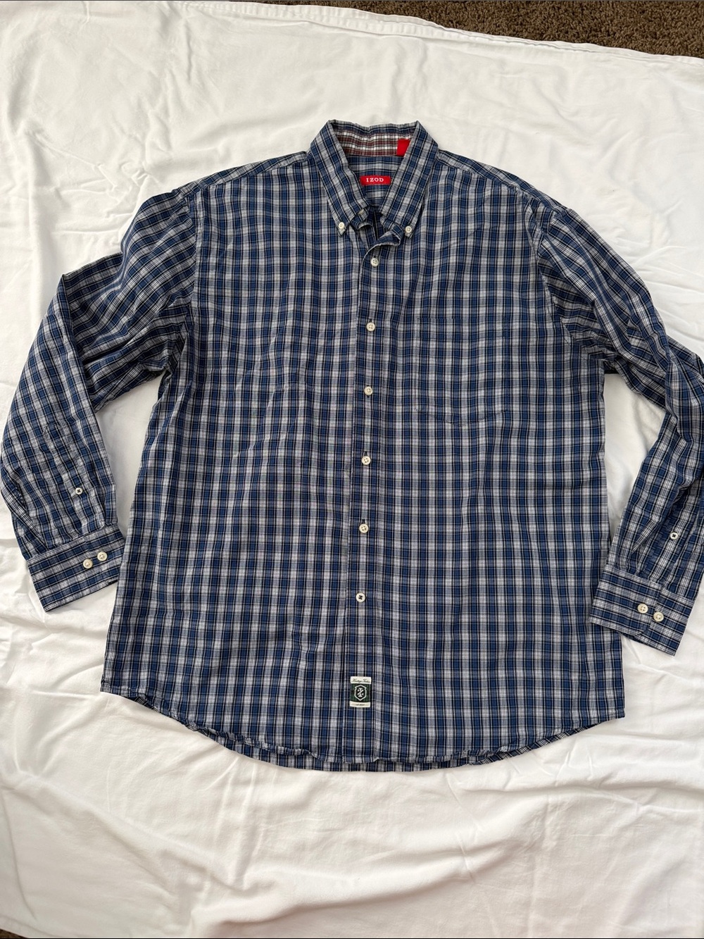 Izod Men's Navy and White Plaid Button-Down Shirt